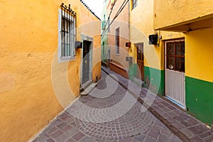 Guanajuato, Mexico, Scenic cobbled streets and traditional colorful colonial architecture in Guanajuato historic city
