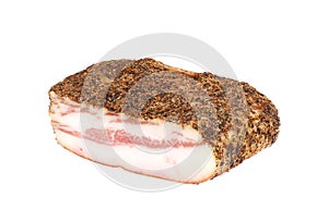 Guanciale, dry cured pork cheek isolated on white background