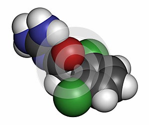 Guanfacine ADHD drug molecule. Atoms are represented as spheres with conventional color coding: hydrogen (white), carbon (grey),