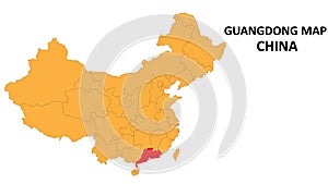 Guangdong province map highlighted on China map with detailed state and region outline