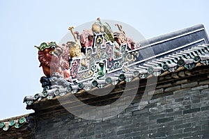 Guangzhou, China famous tourist attractions, Chen ancestral hall on the roof, the lion shaped Art Deco