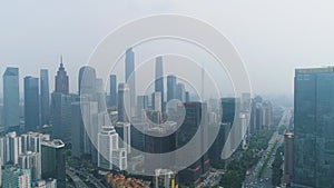 Guangzhou city skyline and smog. Guangdong, China. Aerial view