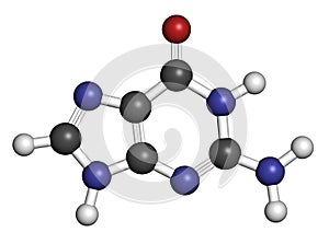 Guanine (G) purine nucleobase molecule. Base present in DNA and RNA. Atoms are represented as spheres with conventional color