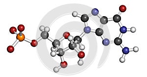 Guanosine monophosphate (GMP, guanylic acid) RNA building block molecule. Guanylate salts are used as umami flavor enhancers in