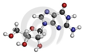 Guanosine purine nucleoside molecule. Important component of GTP, GDP, cGMP, GMP and RNA. Atoms are represented as spheres with