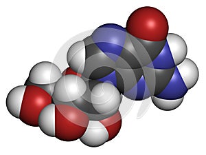 Guanosine purine nucleoside molecule. Important component of GTP, GDP, cGMP, GMP and RNA. Atoms are represented as spheres with