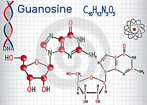 Guanosine - purine nucleoside molecule, is important part of GMP, GDP, cGMP , GTP, RNA, DNA. Structural chemical formula and mole