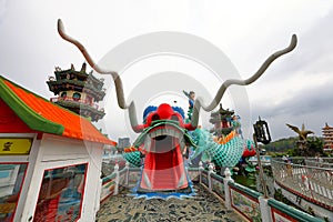Guanyin Avalokitesvara riding a dragon statue at Zuoying Lotus Pond