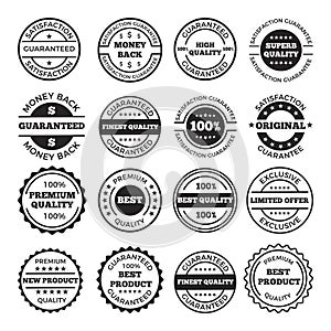 Guarantee badges and logos design set. Vector monochrome pictures