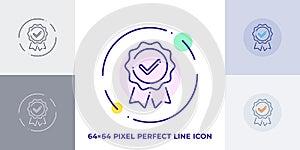 Guarantee line art vector icon. Outline symbol of quality emblem with checkmark. Warranty pictogram made of thin stroke