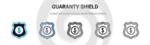 Guaranty shield icon in filled, thin line, outline and stroke style. Vector illustration of two colored and black guaranty shield