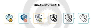 Guaranty shield vector icon in 6 different modern styles. Black, two colored guaranty shield icons designed in filled, outline,