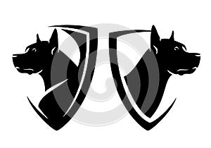 Guard dane dog head in heraldic shield black and white vector emblem