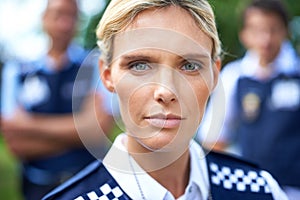 Guard, law enforcement and portrait of police woman outdoors for crime, protection and safety service. Teamwork