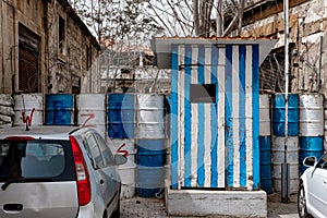 Guard post painted in the colors of Greek flag at The Green Line in Nicosia, Cyprus