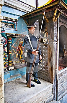 Guard soldier in Hanuman Dhoka, old Royal Palace, Durbar Square