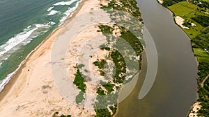 Guarda do Embau Beach located in the state of Santa Catarina near Florianopolis. Aerial image of beach in Brazil. Vertical video.