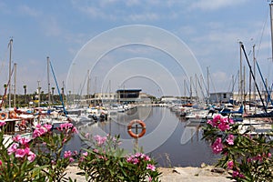 Guardamar del Segura Marina de las Dunas with boats and yachts and pink flowers Spain photo