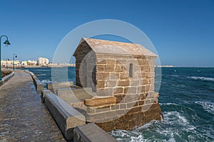 Guardhouse at walkway Paseo Fernando Quinones - access to Castle of San Sebastian - Cadiz, Andalusia, Spain