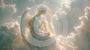 Guardian angel in the clouds of heaven. Spiritual background. Archangel. Heavenly angelic spirit with wings. White angel