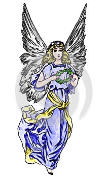 Guardian Angel With Large Wings Watercolor Illustration