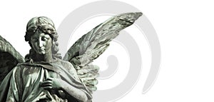 Guardian angel sculpture with open long wings desaturated isolated on wide panorama banner background empty text space.