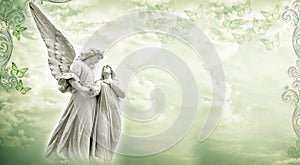 Guardian angel and woman that he protects with beautuful vintage background