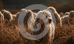 Guardian of the Flock Photo of komondor dog with its corded coat glistening in the sunlight captured as it guards a flock of sheep