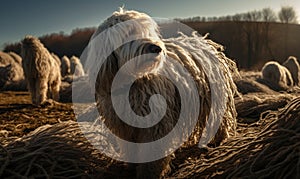 Guardian of the Flock Photo of komondor dog with its corded coat glistening in the sunlight captured as it guards a flock of sheep