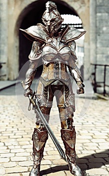 Guardian of the gate. Female fully armored knight standing guard.