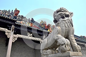 A guardian lian in front of Chinese ancestral hall