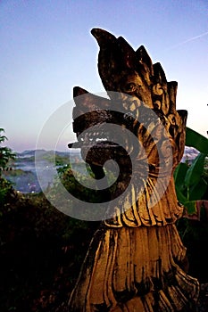 guardian lion, entrance ancient Shwe Taung Pagoda, Mrauk U, Myanmar