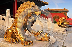Guardian Lions in front of The Three Great Halls Palace. Forbidden City. Beijing. China photo