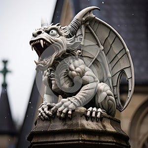 Guardian of the Night: Stone Gargoyle Perched atop a Gothic Church