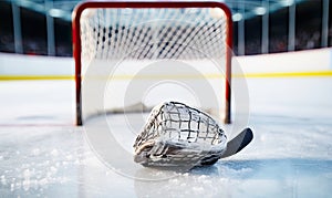 The Guardian of the Rink: A Close-Up of an Ice Hockey Goalie\'s Mitt on the Ice