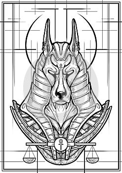 Guardian of the scales on the trial Osiris in the kingdom of the dead, Ancient Egyptian God - Anubis close-up with a long ears