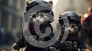 Guardians of Duty: Two Military Cats in Action, Clad in Black Helmets and Tactical Gear AI Generated