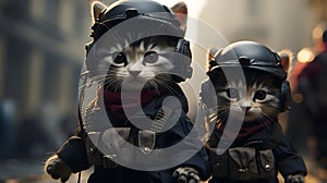 Guardians of Duty: Two Military Cats in Action, Clad in Black Helmets and Tactical Gear AI Generated photo