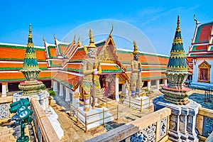 Guardians Wirunchambang and Maiyarap at Sanam Chai Gate in Wat Phra Kaew complex of Grand Palace, on May 12 in Bangkok, Thailand