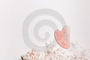 Guashe scrapes from rose quartz on pale pink background with copy space, decorated white dry flowers