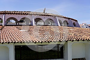 Guatavita, Colombia; January 05 2020: The town of Guatavita, place for the legend of El Dorado and people visiting the tower and t