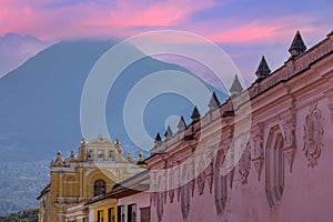 Guatemala, colorful colonial Antigua streets in historic city center Barrio Historico