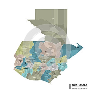 Guatemala higt detailed map with subdivisions. Administrative map of Guatemala with districts and cities name, colored by states photo