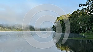 Fog Rising above water in Laguna Petenchel in Peten, Guatemala photo