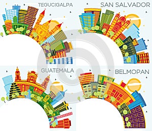 Guatemala, San Salvador, Belmopan Belize and Tegucigalpa Honduras City Skylines with Color Buildings, Blue Sky and Copy Space