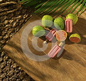 Guava Popsicle with grava fruits on a wood base, sunlight, palm leaf, top view photo