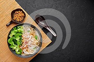 Guay Tiew Gai Cheek or Thai Chicken Noodle Soup in black bowl on dark slate backdrop. Thai food photo