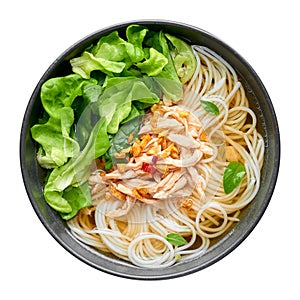 Guay Tiew Gai Cheek or Thai Chicken Noodle Soup in black bowl isolated on white backdrop. Thai food photo