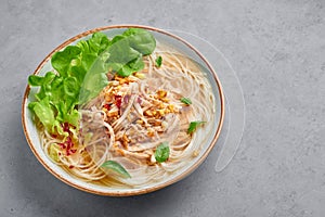 Guay Tiew Gai Cheek or Thai Chicken Noodle Soup in white bowl on gray concrete backdrop. Thai food photo