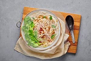 Guay Tiew Gai Cheek or Thai Chicken Noodle Soup in white bowl on gray concrete backdrop. Thai food photo